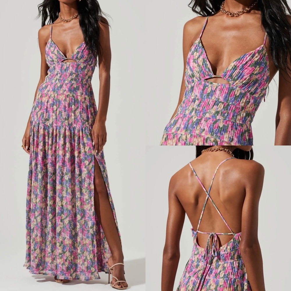 ASTR Tropics Plunge Neck Pleated Open Back Maxi Dress- XS